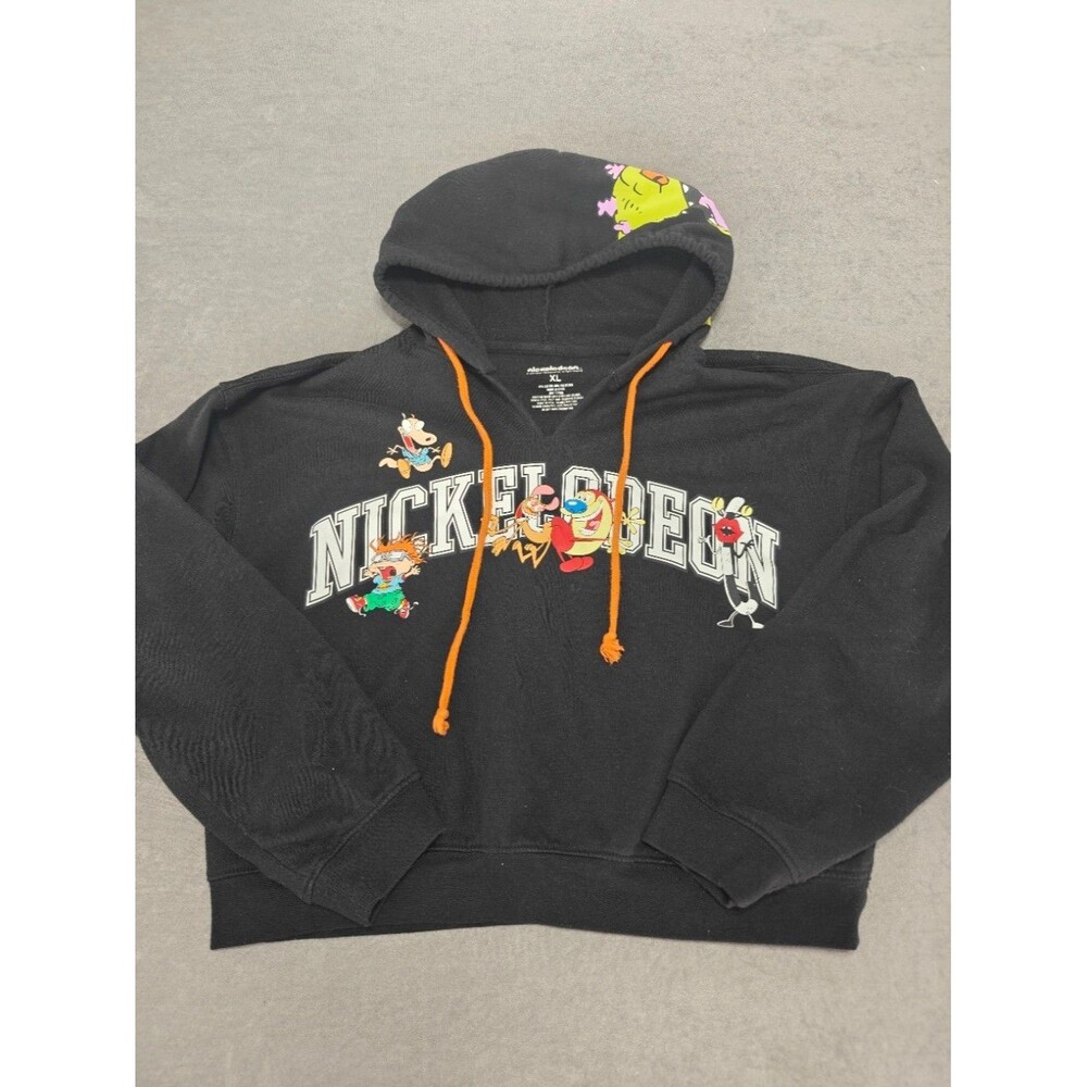 Nickelodeon Womens XL Cropped Hoodie Reptar Rugrats Ren Stimpy Rocko Black